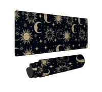 Celestial Sun and Moon Large Gaming Mouse Pad, Gold Astral Pattern Stitched Edge Mousepad, Rubber Non-Slip Washable Gaming Mouse Pad for Home and Office Computer, Laptop 12x32 Inch