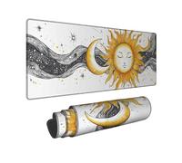 Celestial Sun and Moon Large Gaming Mouse Pad, Yellow and Black Cosmic Design Stitched Edge Mousepad, Rubber Non-Slip Washable Gaming Mouse Pad for Home and Office Computer, Laptop 16x36 Inch