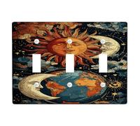 Celestial Sun and Moon Light Switch Cover Plate/Outlet Covers, Dark Blue Cosmic Design for Home Decor, Thermoplastic Wall Plates, Standard Size Triple Toggle