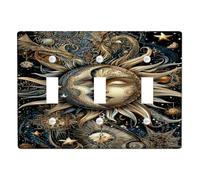 Celestial Sun and Moon Light Switch Cover Plate/Outlet Covers, Gold and Black Cosmic Design for Home Decor, Thermoplastic Wall Plates, Standard Size Triple Toggle