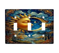 Celestial Sun and Moon Light Switch Cover Plates/Outlet Covers, Blue Night Sky Design for Home Decor, Thermoplastic Wall Plates, Standard Size Triple Toggle
