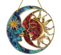 Celestial Sun and Moon Lovers Stained Suncatcher,Couple Wall Art Hanging Decoration with Chain Hooks, Indoor Outdoor Window Ornament, Home Décor Gift