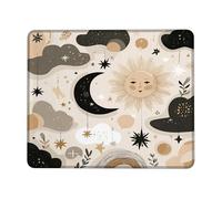 Celestial Sun and Moon Mouse Pad, Beige Black Design Stitched Edge Mousepad, Rubber Non-Slip Washable Gaming Pad for Home and Office Square 9.4"x7.9"