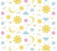 Celestial Sun and Moon on White Soft Brushed Flannel Fabric - Suns, Moons, Rainbows, Stars, Planets, and Clouds - Precut Cotton Fabric by The Yard - One Yard