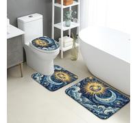 Celestial Sun and Moon Quick Dry Bath Mat, Artistic Fanciful Waves Non Slip Shower Mat, All Season Decorative Flannel Washable Bath Rugs for Bathroom Toilet Restroom 3 Piece Sets