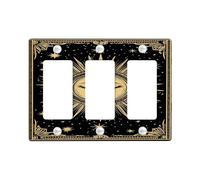 Celestial Sun Light Switch Cover Plate/Outlet Covers, Black and Gold Starry Design for Home Decor, Thermoplastic Wall Plates, Standard Size 3 Gang Wall Plate