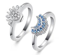 Celestial Sun & Moon Cremation Jewelry Ring Set - Sparkling Sun/Blue Moon Silver-Plated Stackable Friendship Promise Rings for Ashes - Gift for Women