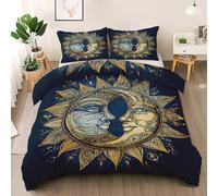 Celestial Sun Moon King Duvet Cover Set - Golden Pattern Bedding Set Soft Microfiber, Mandala Quilt Cover with 2 Pillowcases for King Bed 230x220 cm, Modern Mystical Style Lightweight Duvet Set