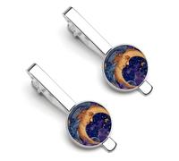 Celestial Themed Moon Mandala Floral Men's Tie Clips Necktie Bar Pinch Clip Set of 2 Formal Business Wedding Accessories