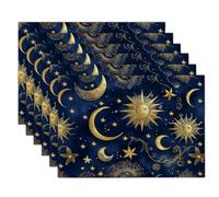 Celestial Themes Placemats Set of 8 Heat Resistant Non-Slip Sun, Moon, And Stars Table Mats Washable Place Mats, Easy to Clean for Kitchen Dining Table Décor 18"X12", Navy Blue