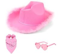 CelestiMingle Pink Cowboy Hat - 3 Piece Set Cowgirl Hat with Bandana and Heart Sunglasses, Cowgirl Outfits for Women, Fancy Dress Party Accessory Country Western Rancher Wild West (A)