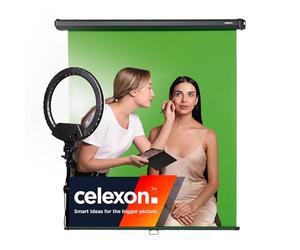 celexon Chroma Key Manual Green Screen 110" | 200x190cm 1:1 | Compact photo and video backdrop for streaming or home office use, with roll-up screen for wall or ceiling mounting