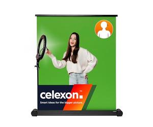 celexon Greenscreen Mobile pull-up Chroma-Key 110" | 200x190 cm 1:1 | Photo-video background for Zoom calls, Tiktok content & gaming streams | Lightweight roll-up stand with scissor joint