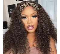 Celiarita Headband Wig Human Hair Deep Wave #4 Chocolate Brown Curly Brazilian Machine Made Non Deep Curly Wavy Wigs for Black Women 20 Inch
