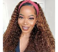 Celiarita Highlights Ombre Headband Wig Deep Wave 20 Inch Glueless No Lace Front Deep Curly Human Hair Headband Wig Attached Highlights Half Wigs for Black