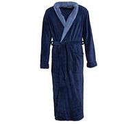 CelinaTex Nevada Bathrobe, Shawl Collar, Two-Tone, Long, Patched Pockets, Unisex, Microfibre, Coral-Fleece, Dark Blue/Medium Blue, Small