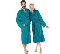 CelinaTex Oregon Bathrobe, Shawl Collar, Plain, Long, Patched Pockets, Piping, Women, Men, Unisex, 100% Cotton, Turquoise, Large