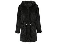 CelinaTex XS-XL Bathrobe Hood Plain Short or Long Patch Pockets Two Way Zip Women's Cuddly Flannel Oeko-Tex, 1) Short cut black, M