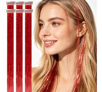 Celinebella Red Clip in Hair Tinsel 6Pcs,80 Strands 24 Inches,Heat Resistant Vibrant Hair Extensions for Women Teens Holiday Party Christmas Accessories