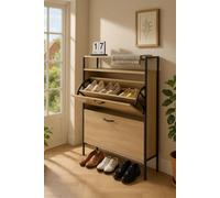 Shoe Cabinet with 2 Drawers, Pull Down MDF Wooden Shoe Storage Shelves Organizer Cupboard Shoes Rack Cabinet Freestanding Footwear Rack Stand Hallway, Entryway, Living Room 63x24x105cm