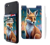 Cell Phone Adhesive Stick On Wallet Sleeve Double Pocket Lycra Credit ID Card Holder Pouch Little Wallet Cute Fox Design for iPhone ipad Samsung Galaxy Android Smartphones
