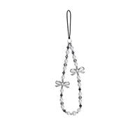 Cell Phone Charm Strap Pearl Beaded Elegant Dark Crystal Camera Lanyard Wrist Luxury Aesthetic Cute Chain Bracelet Handmade Chic Wristlet Accessories for iPhone Samsung Women Girls Silver Bow Faux