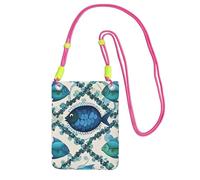 Cell Phone Sleeve Pouch Case Bag For Women, Cell Phone Purse Wallet Bag With Fuchusia Shoulder Strap Cyan Fish Pattern Travel Pouch