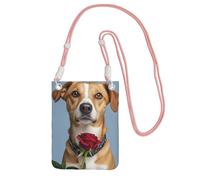 Cell Phone Sleeve Pouch Case Bag For Women, Cell Phone Purse Wallet Bag With Pink Shoulder Strap Dog Holding A Rose Travel Pouch