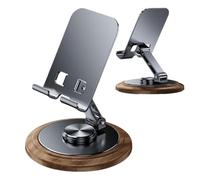 Cell Phone Stand, Adjustable Metal Mobile Phone Mount with Wooden Base, Office Desk Accessories, 360° Rotating Smartphone Desk Stand for Study, Library, Airplane, Bedroom