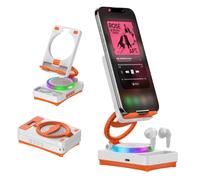 Cell Phone Stand with Bluetooth Speaker, Wireless Earbuds, RGB Colorful Ambient Light, Portable HD Surround Sound for Indoor/Outdoor/Desktop, 170° Adjustable Foldable Holder for Phone Tablet (White)