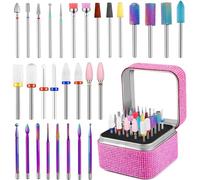Cellentool 30Pcs Nail Drill Bits Set with Rhinestone Storage Box, 3/32 Inch Ceramic Diamond Carbide Nail Drill Bits for Acrylic Nails Gel Polish, Cuticle Efile Remover for Manicure