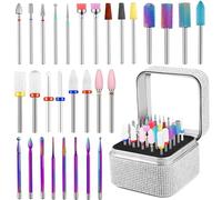 Cellentool 30Pcs Nail Drill Bits Set with Rhinestone Storage Box, 3/32 Inch Ceramic Diamond Carbide Nail Drill Bits for Acrylic Gel Polish, Cuticle Efile Remover for Manicure (Silver)