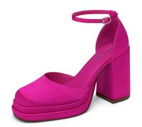 CELLENZ Women Chunky High Heels: Comfortable Ankle Strap Platform Pumps, Dress Wedding Shoes Party Bridal Graduation Pumps Black White Hot Pink Size 6-11, 45 Satin Pink, 3 UK