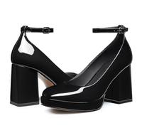 CELLENZ Women Platform Chunky Heels: 3.5 Inch Comfortable Mary Jane, 0162 Black Patent, 6 UK