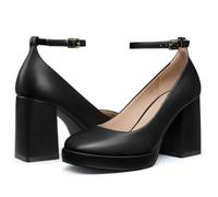 CELLENZ Women Platform Chunky Heels: 3.5 Inch Comfortable Mary Jane, 0162 Black Pu, 7 UK