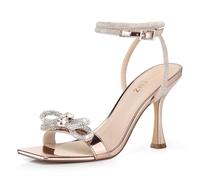 CELLENZ Women Strappy Bow Heels: Double Bowknot Open Toe Kitten Heeled Sandals,Wedding Shoes Sparkly Party Prom Black White Gold Silver Hot Pink Size 6-11, 13 Patent Gold, 5.5 UK