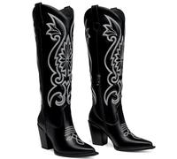 CELLENZ Women Western Cowboy Boots: 3.5 Inch Chunky Heels Cowgirl Boot, Pointed Toe Trendy Knee High Boots, Wide Calf Pull On Zipper Comfortable Tall Boots, Black, 6 UK