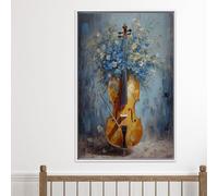 Cello and Floral Bouquet Canvas Art Pictures - Elegant Yellow and Blue Painting for Classic Music Lovers Vintage Wall Decor 70x100cm Frameless