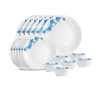 CELLO Blue Swirl Dazzle Series Opalware Dinner Set of 18 Pieces for Family of 6 | Bone-Ash Free & Leadfree Opal Glass, Microwave & Dishwasher Safe, Plates & Bowls Crockery Set for Dining & Gifting