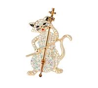 Cello Cat Crystal Brooch Pin, Musical Animal Pet Jewellery, Whimsical Gift for Musicians Cat Lovers, Suit Dress Bag Hat Accessory (Gold)