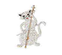 Cello Cat Crystal Brooch Pin, Musical Animal Pet Jewellery, Whimsical Gift for Musicians Cat Lovers, Suit Dress Bag Hat Accessory (Silver)