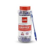 Cello Gripper Blue Ballpoint Pen, 25-Pack with Reusable Jar, Fine Writing Experience, Soft Grip, Transparent Barrel, Button Closure, 0.5mm, Water-Based Ink, Cylindrical, Ambidextrous