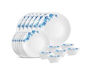 Cello Opalware Dazzle Series Blue Swirl Dinner Set, 18 Units | Opal Glass Dinner Set for 6 | Light-Weight, Daily Use Crockery Set for Dining | White Plate and Bowl Set