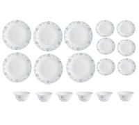 Cello Opalware Dazzle Series Dainty Blue Dinner Set, 18 Pieces, Opal Glass Light-Weight Daily Use Crockery Set for 6, White and Blue