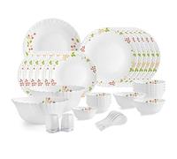 Cello Opalware Dazzle Series Secret Garden Dinner Set, 35 Units | Opal Glass Dinner Set for 6 | Light-Weight, Daily Use Crockery Set for Dining | White Plate and Bowl Set