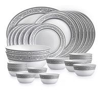 Cello Opalware Solitaire Series Argento Dinner Set, 27 Units | Opal Glass Dinner Set for 6 | Crockery Set for Festive Ocassions, Parties | White Plate and Bowl Set