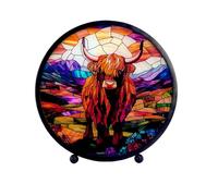 Cello Round LED Lamp - Golden Highland Cow Design, Battery Powered LED Mood Night Light, Decorative Bedside for Home Décor & Ambient Lighting Garden Gift