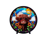 Cello Round LED Lamp - Sunflower Highland Cow Design Battery Powered LED Mood Night Light Decorative for Bedroom, Living Room & Home Accessories Garden Gift