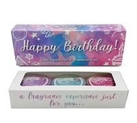 Cello Scent Cup Trio - Happy Birthday Gift Set - 3X Tealight Scented Candles. High Fragrance Tea Lights Candles. Birthday Gifts for Women, Perfect as Pamper Gifts for Mum. Birthday Candles Gift Set.
