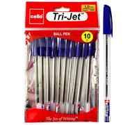 Cello Tri-Jet Ballpoint Pens Extra Grip Medium Point Biros (1.0 mm) - Blue Pens, Pack Of 10